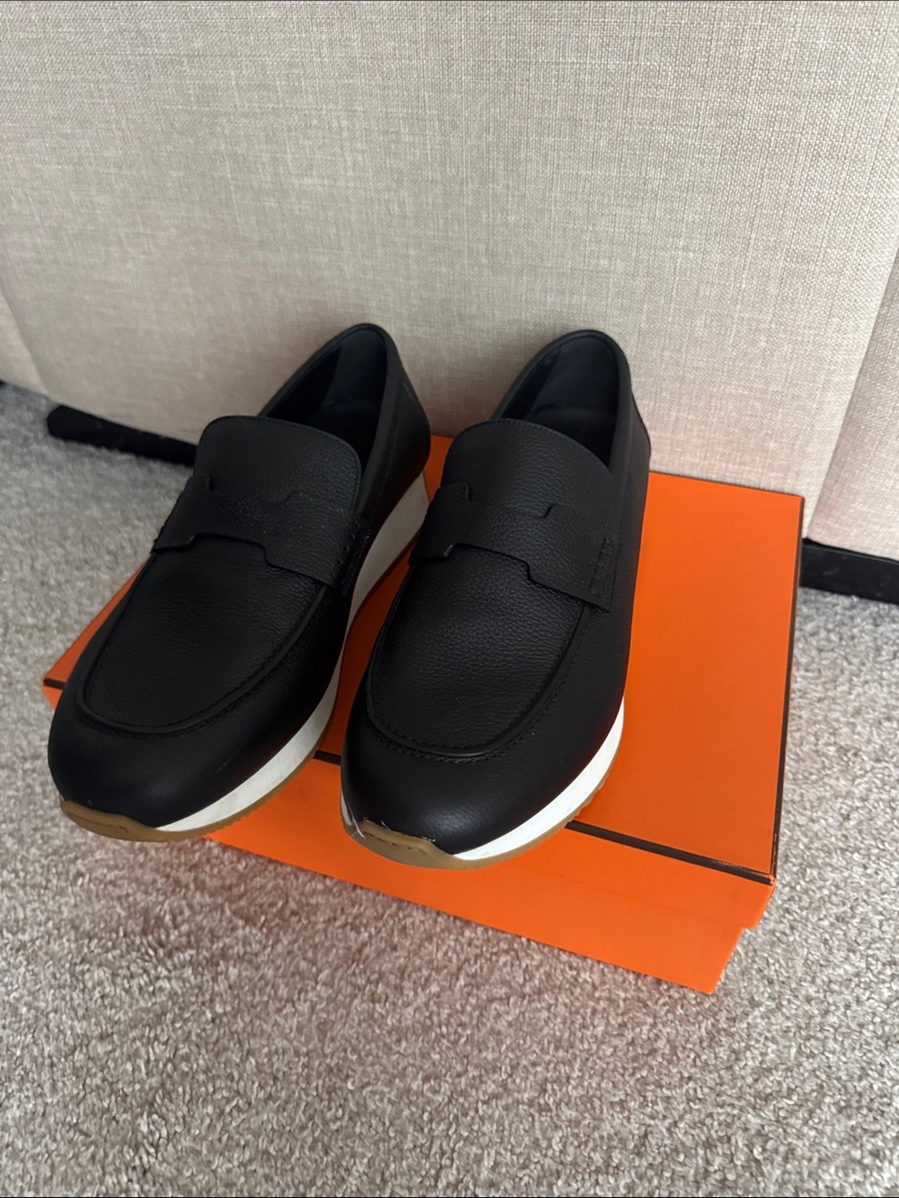 Hermes Black Leather Slip-On Penny Loafers with White Sole